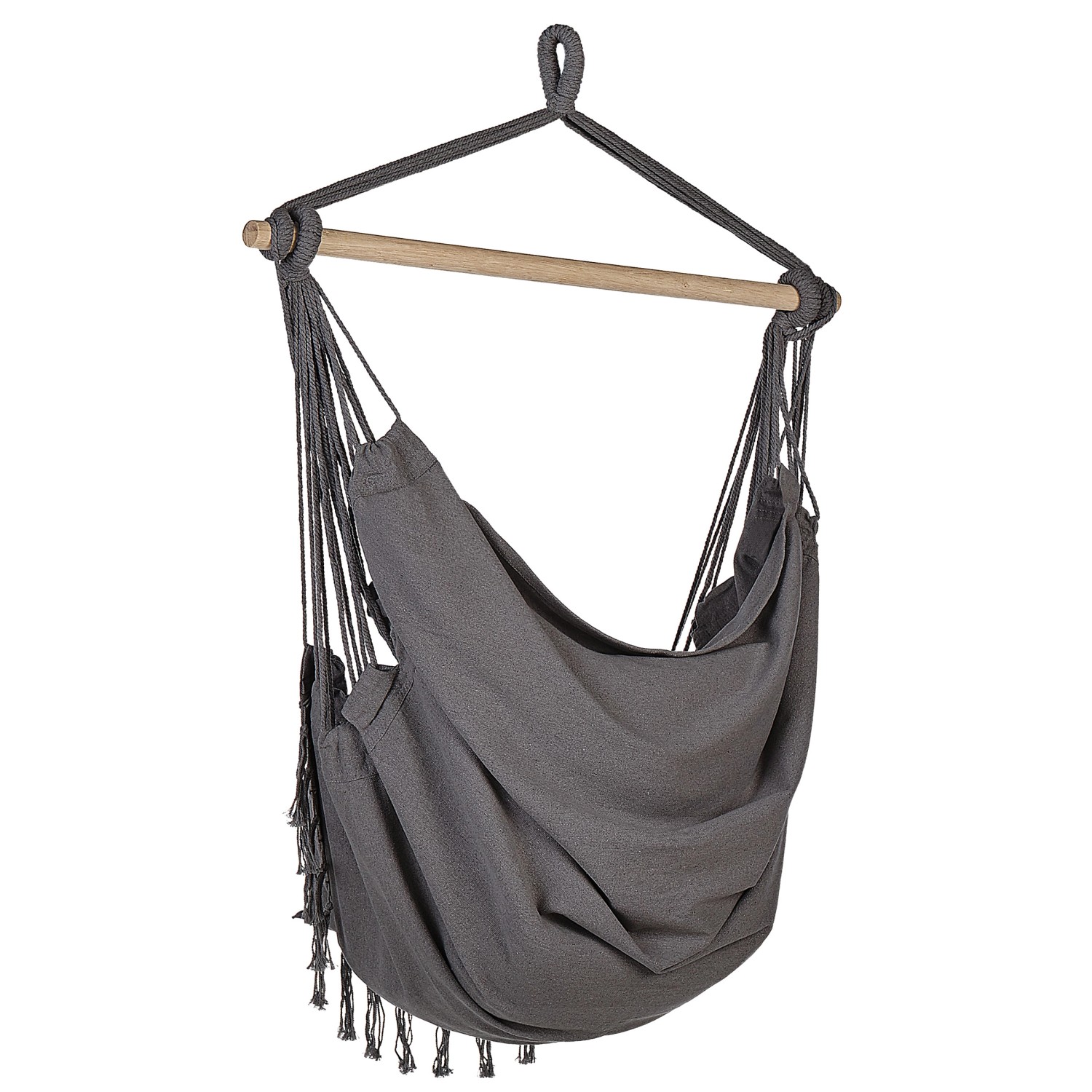 Grauer Beliani Hängesessel mit Quasten, geeignet für Innen- und Außenbereich.