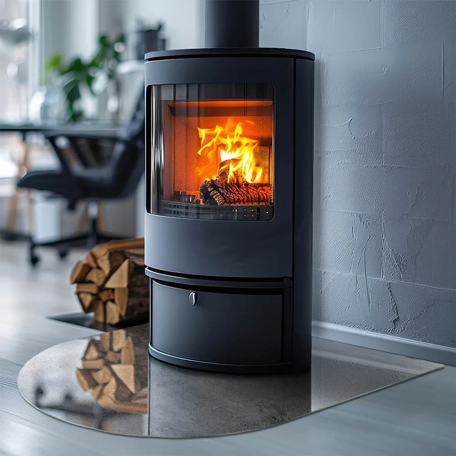 Halbkreisförmige Glasplatte als Bodenschutz vor schwarzem Kaminofen mit brennendem Feuer. Zubehör für Kamine & Öfen.