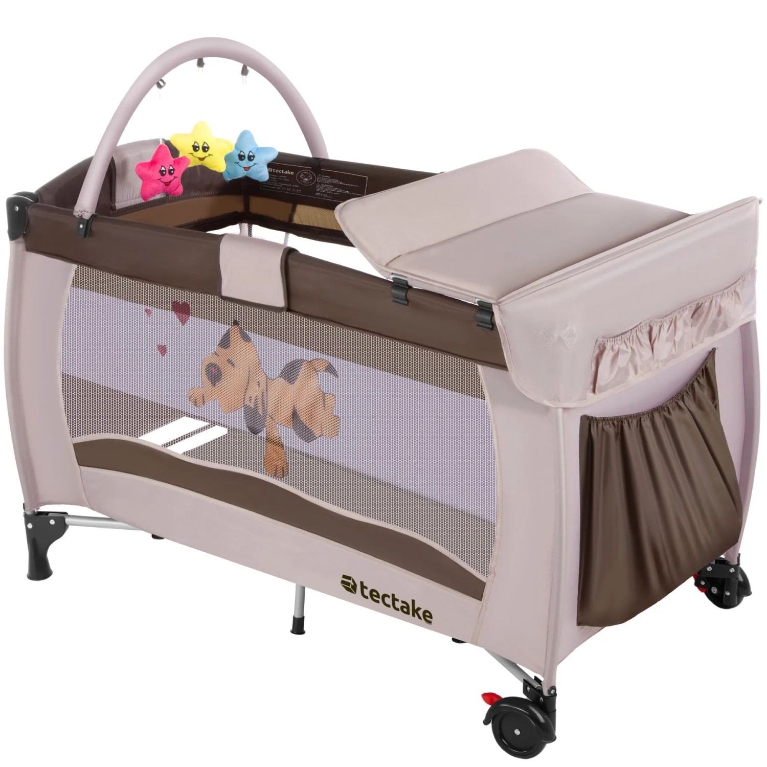 Tectake Kinder Reisebett Hund Klappbar und Höhenverstellbar Mit Großen Mesh Einsätzen  Wickelauflage und Seiteneingang  132 x 75 x 104 cm Braun