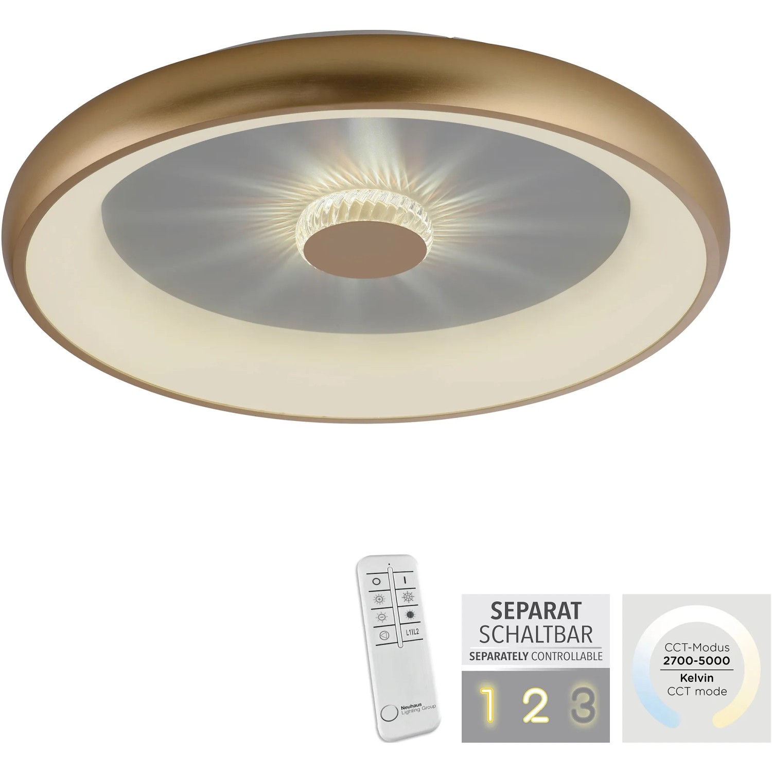LED-Deckenleuchte Vertigo in Messing-Optik, dimmbar mit Kristalleffekt und Fernbedienung.