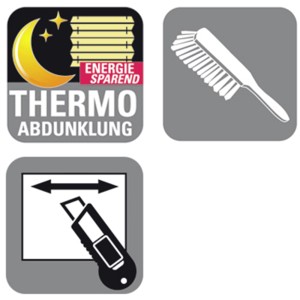Symbole für Thermo-Abdunklung, Reinigung und einfache Montage des Gardinia EasyFix Plissees.