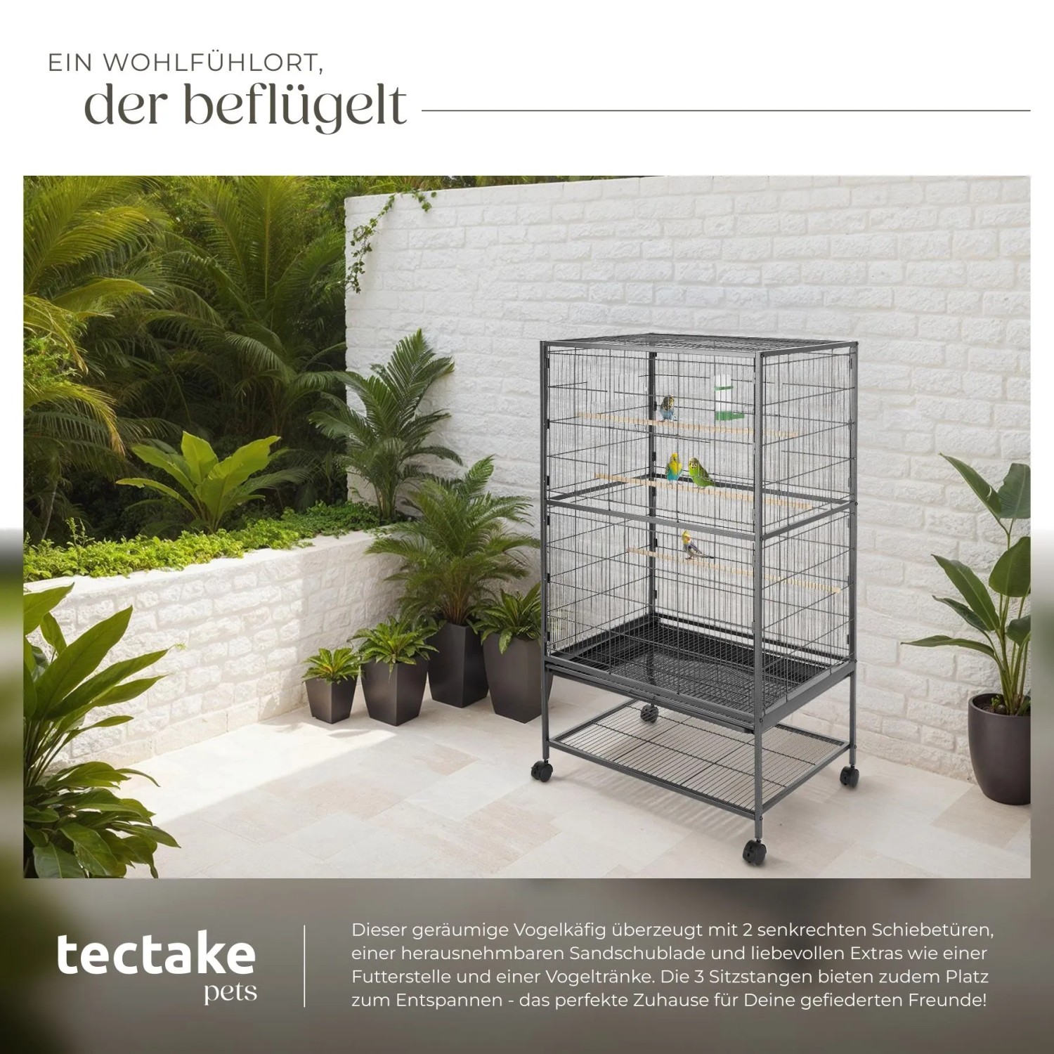 Anthrazitfarbener Tectake Vogelkäfig mit Rollen, Sitzstangen, Futter- und Wasserstelle.