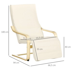 Cremeweißer HOMCOM Relaxsessel mit hellem Birkenholzrahmen und verstellbarer Fußstütze, 100 cm hoch.