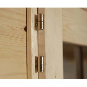 Detailaufnahme: Scharniere an der Holztür des Alpholz Gartenhauses Hudson.