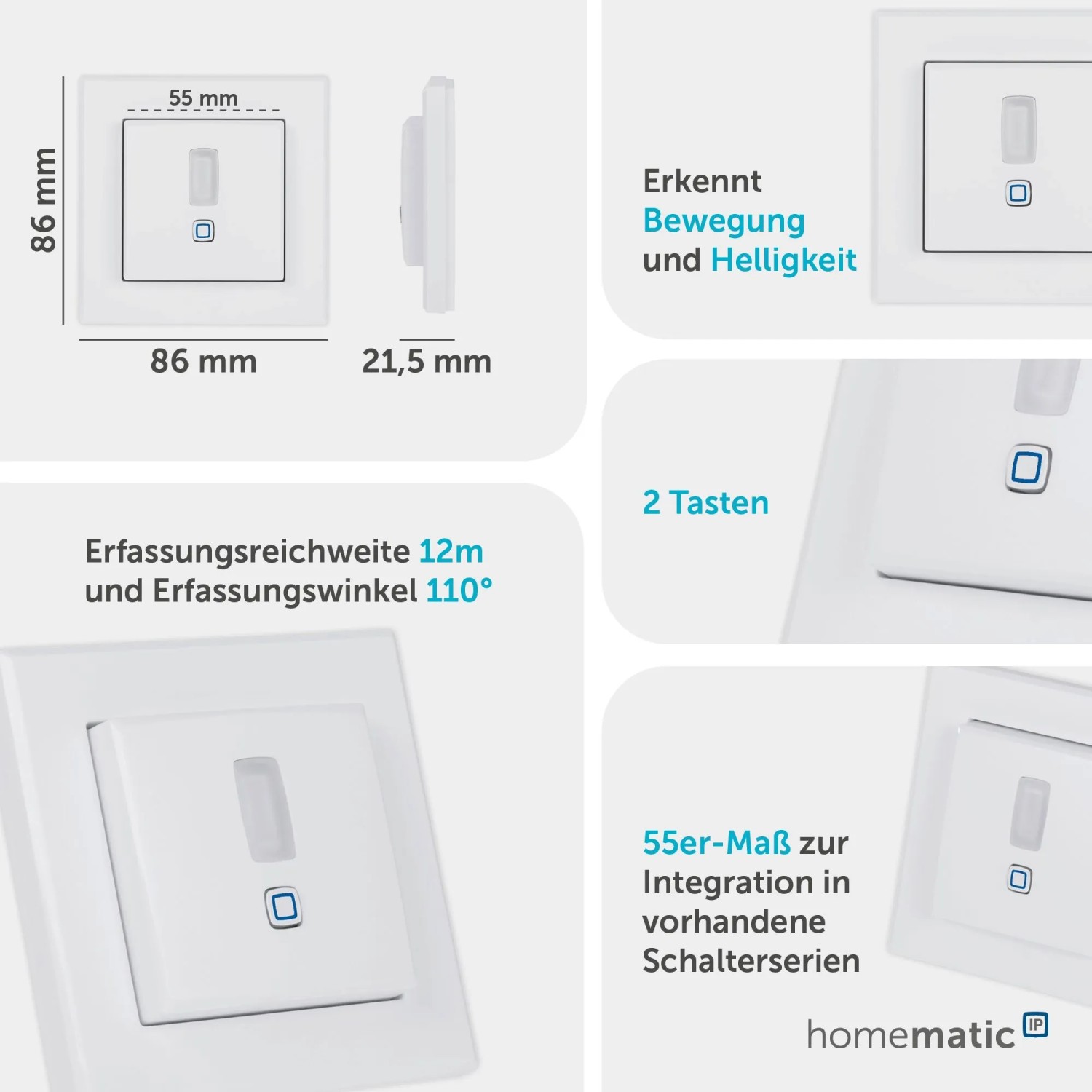 Weißer Homematic IP Bewegungsmelder für 55er Rahmen. Erkennt Bewegung und Helligkeit, mit 2 Tasten. Hausautomation.