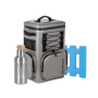 Petromax Kühlrucksack Set, 3-teilig: Rucksack, Kühlakku und Isolierflasche in Grau.