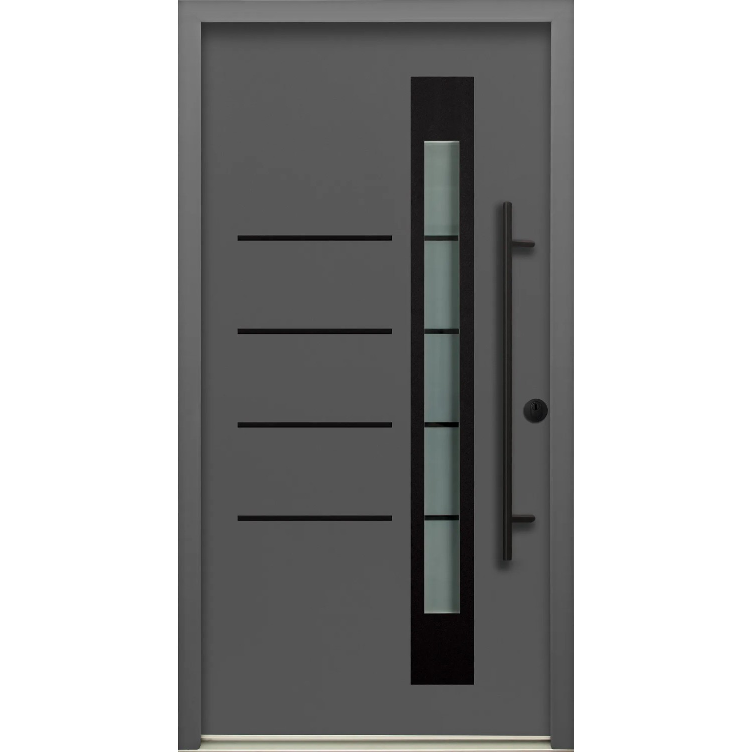 Moderne, anthrazitfarbene Splendoor Sicherheits-Haustür Berlin Prime RC2K mit Glaseinsatz und Edelstahlgriff.