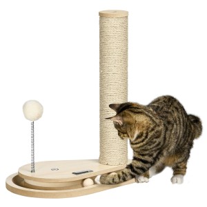 PawHut Kratzstamm mit Spielzeug und Katze beim Spielen. Kratzbaum aus Jute, Holzkugel und Drehscheibe.