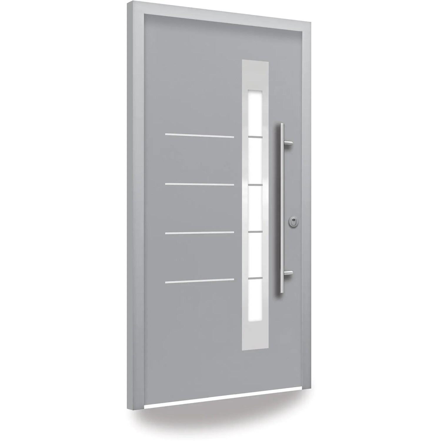 Graue Splendoor Sicherheits-Haustür Berlin Prime RC2 mit Edelstahlgriff und Glaseinsatz.