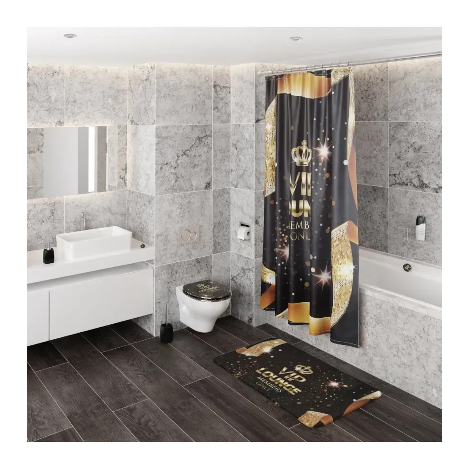 Sanilo WC-Bürste VIP-Lounge im Badezimmer-Set mit Duschvorhang und Badematte.