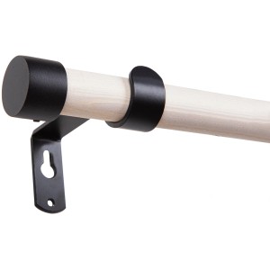Gardinenstangen-Set Holz, weiß, 200 cm, mit Halterung und Endstück in Schwarz.