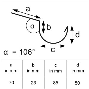 Technische Zeichnung Sarei Halbrundrinne Piccolo Alu Natur RG 80 mit Maßen.