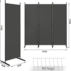 Dunkelgrauer WOLTU Paravent, klappbar, 3-teilig, 167x177 cm, als Sichtschutz oder Raumteiler für Garten & Balkon.