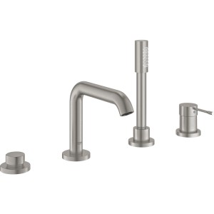 Grohe Essence 4-Loch Wannenarmatur in Supersteel: Handbrause, Wanneneinlauf und Bedienelement.
