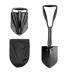 Wiltec Klappspaten, gefaltet und entfaltet, mit Tasche. Schwarze Stahl-Klappschaufel, Hacke & Säge für Outdoor & Camping.