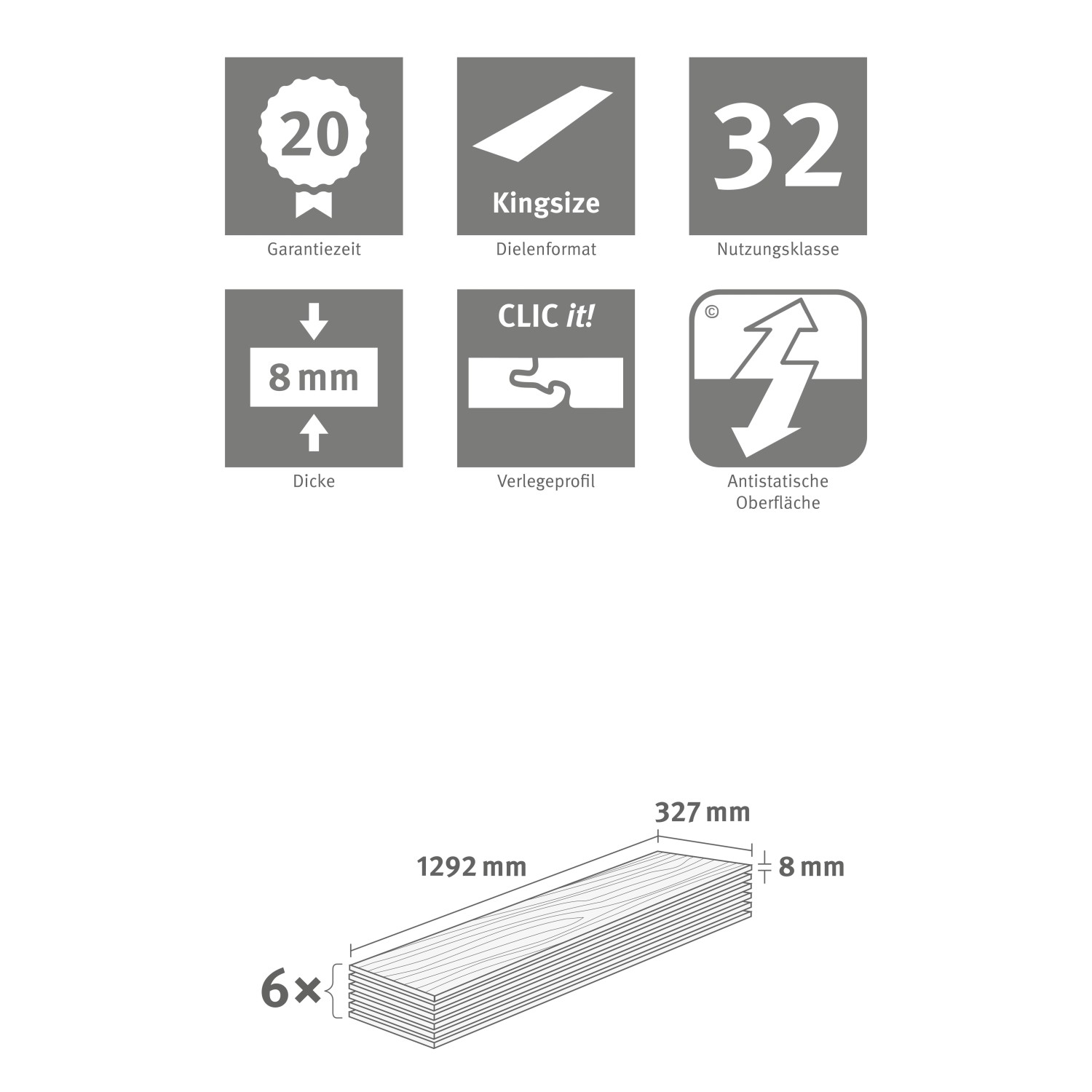 Egger Laminat NatureSense Eiche Weinburg: Icons zu Garantie, Maße, Klicksystem und Nutzungsklasse.
