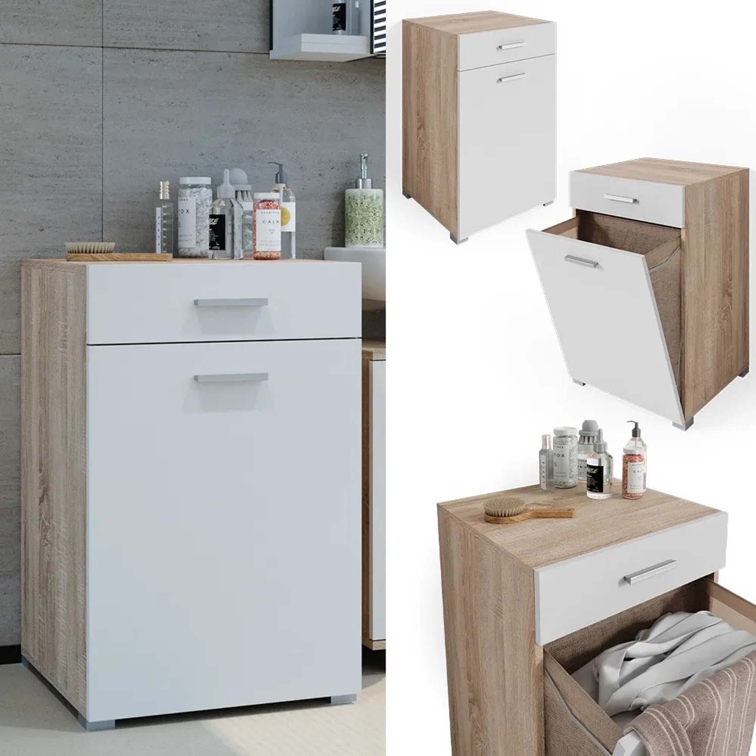 Vicco Badschrank Matteo, Sonoma/Weiß, 50x79 cm. Badregal mit Schublade und Wäschekorb.