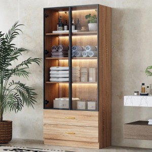 Brauner Badezimmerschrank mit zwei Glastüren, integrierter LED-Beleuchtung und zwei Schubladen. Modernes Design für Bad-Aufbewahrung.