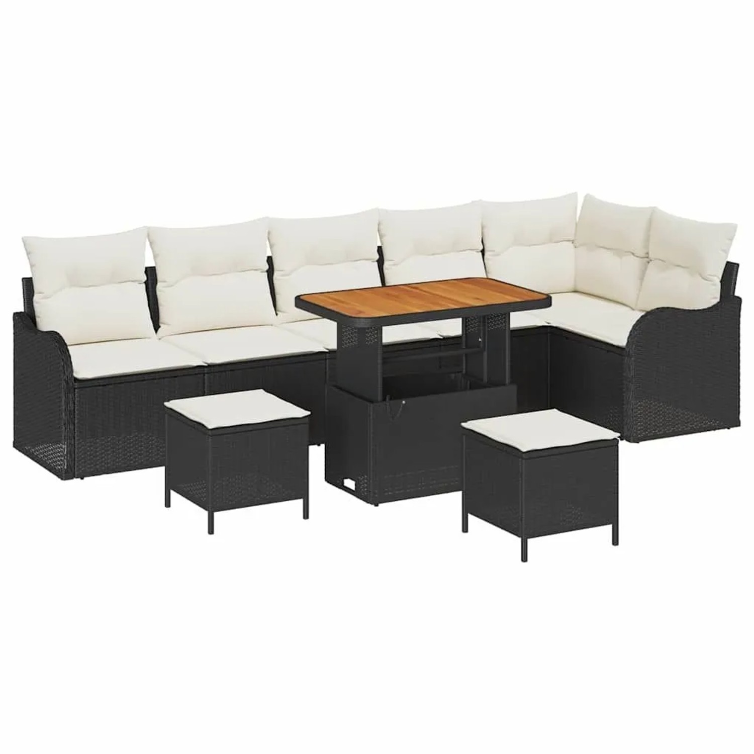 vidaXL Garten-Sofa-Set mit Kissen mit Speicher 9-Tlg Schwarz und Creme 3364235