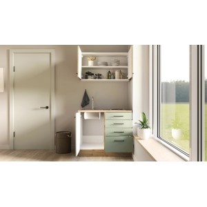 Flex-Well Miniküche Cara, 100 cm, schilfgrün/Artisan Eiche, mit Spüle und Kochfeld.