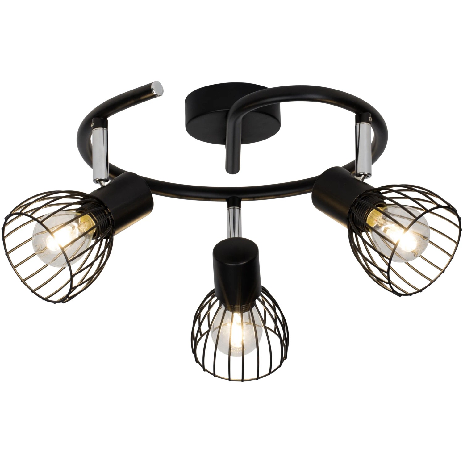 Schwarze, 3-flammige Spotspirale Blacky von Brilliant mit runden Lampenschirmen im Käfig-Design.