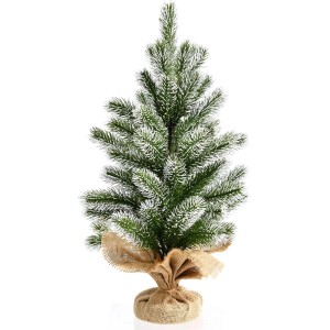 Künstlicher Mini Weihnachtsbaum 50 cm, grün-weiß geflockt, mit Jute-Stoff umwickeltem Sockel.