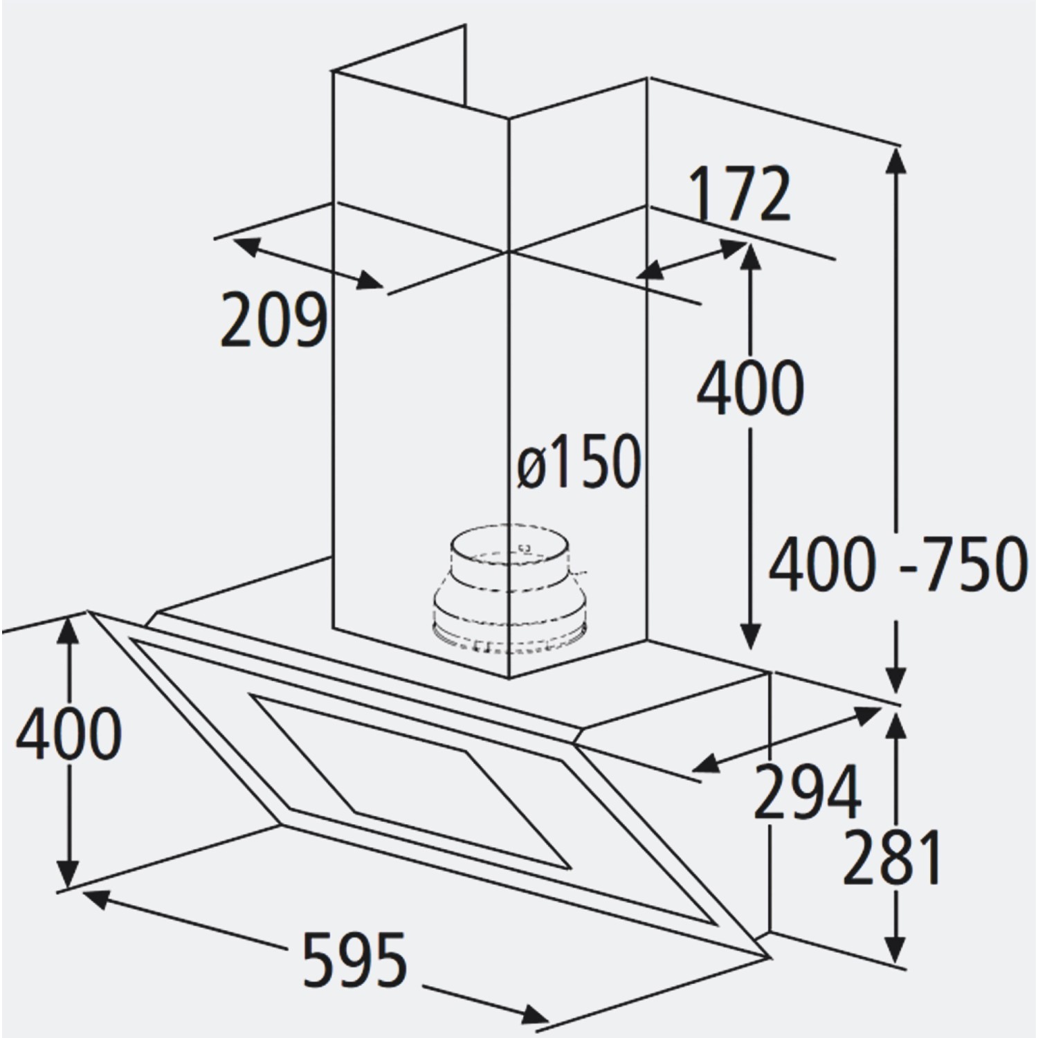 Technische Zeichnung PKM Dunstabzugshaube S28-60 BWPY mit Maßen.