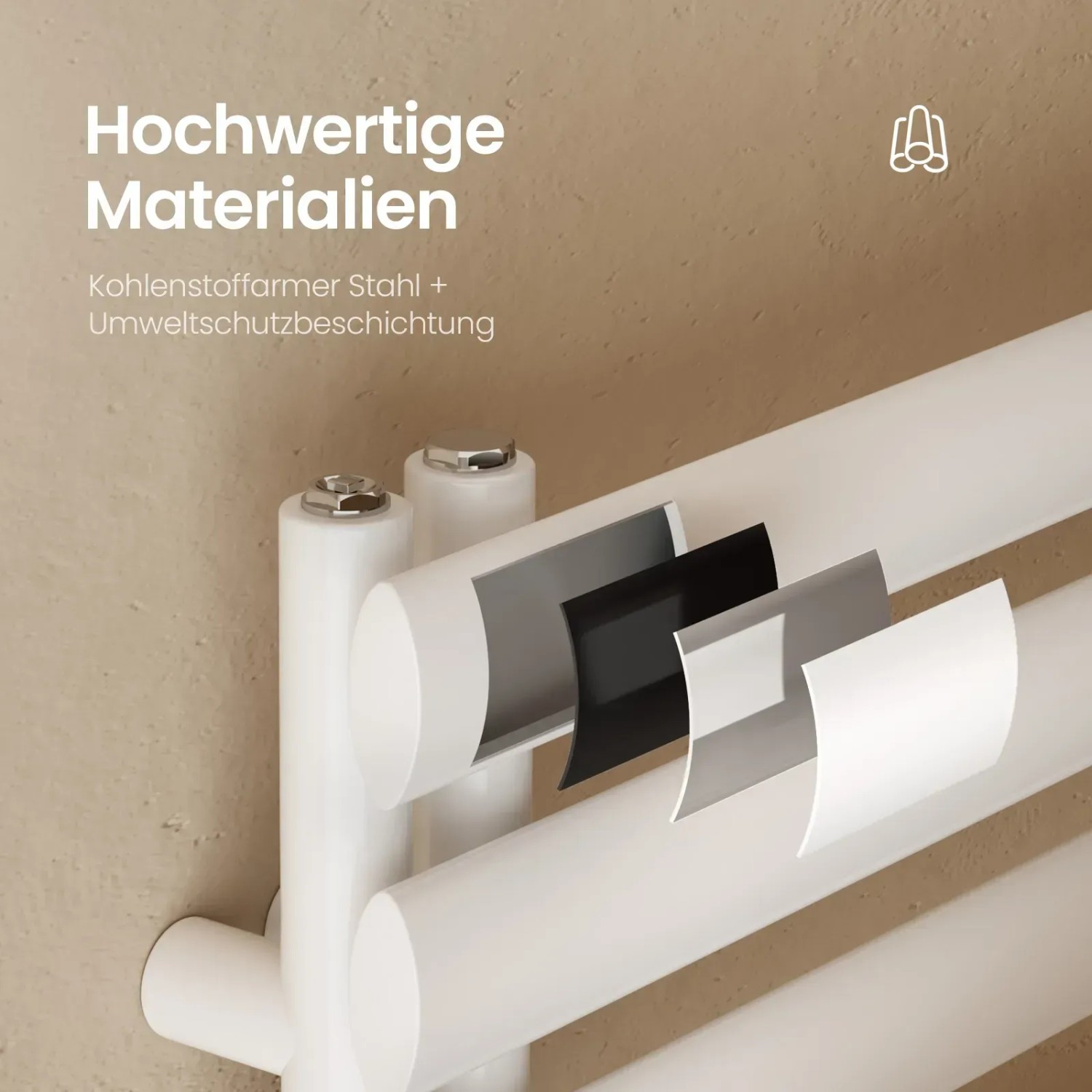 Detailaufnahme: Weißer Emke Badheizkörper mit ovalen Röhren, Materialschichten sichtbar.