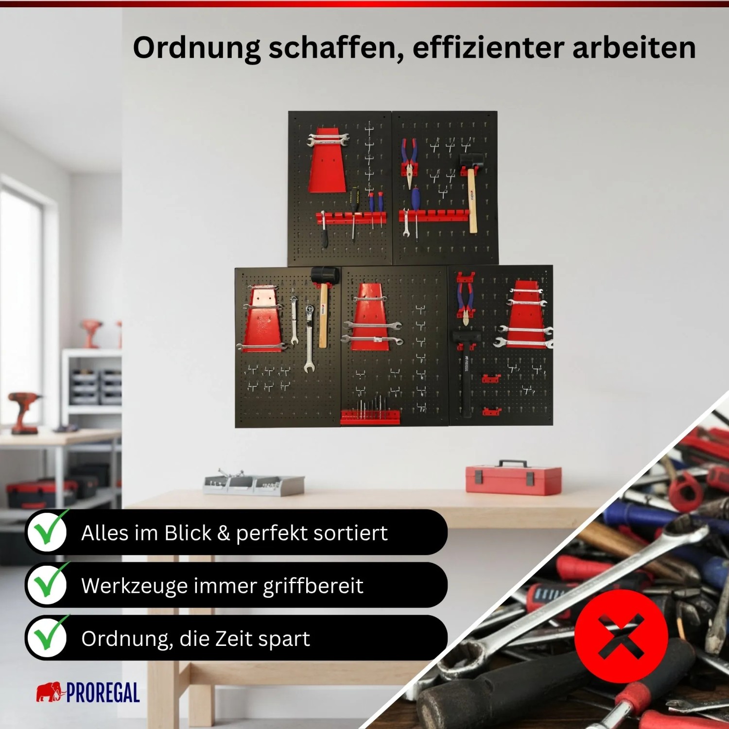 PROREGAL Werkzeug Lochwand Set ARES aus schwarzem Metall mit roten Haltern, Werkzeuge ordentlich an der Wand.