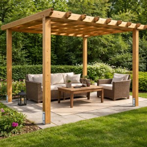 Feuerverzinkter H-Anker Pfostenträger sichert Holzpfosten einer Pergola auf Pflaster im Garten.