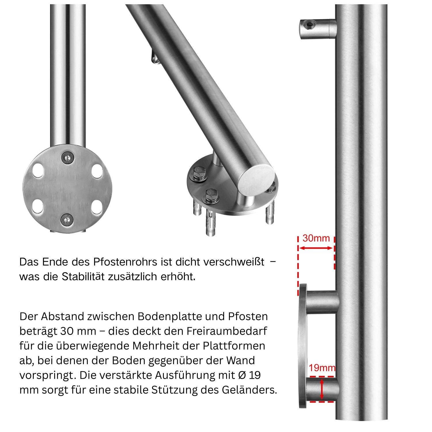 Edelstahl Geländer: Detail der seitlichen Befestigung mit 30mm Abstand und geschweißtem Pfosten für Treppen & Balkone.