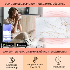 Klarstein Infrarotheizung Wonderwall mit App-Steuerung im Wohnraum, Marmor-Optik.