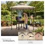 Sandfarbener Tectake Grillpavillon Maracaibo mit Doppeldach, Flaschenöffner und Ablagen. Eine Person grillt.