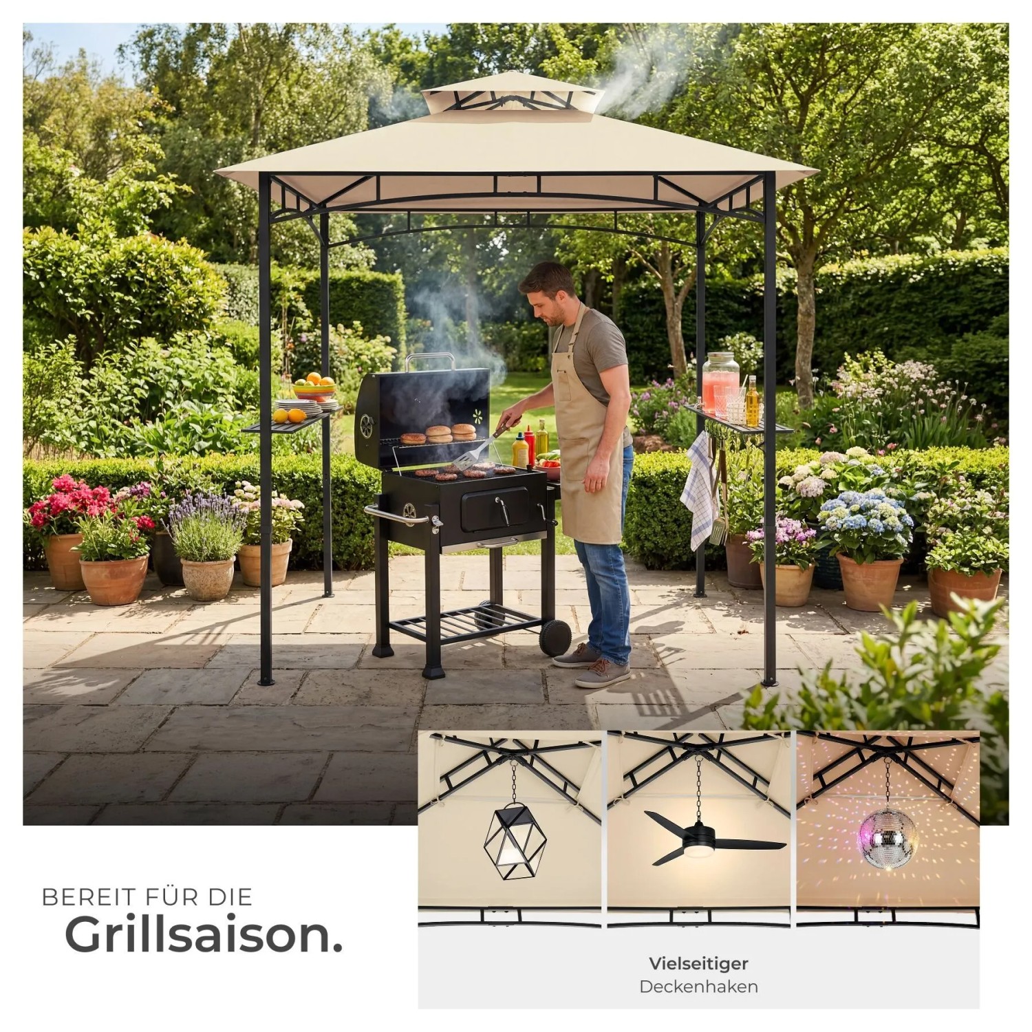 Sandfarbener Tectake Grillpavillon Maracaibo mit Doppeldach, Flaschenöffner und Ablagen. Eine Person grillt.