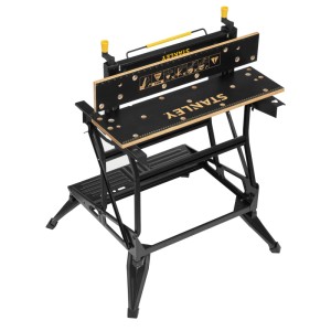 STANLEY Workmate Deluxe Werkbank, schwarz-gelb, mit Bambus-Arbeitsplatte und Stahlrahmen. Zusammenklappbar, robust.