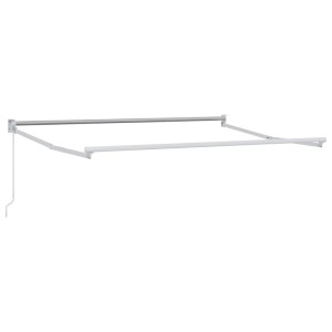Weißer Aluminiumrahmen einer ausziehbaren Markise mit Handkurbel. Ideal für Wandmontage und effektiven Sonnenschutz.