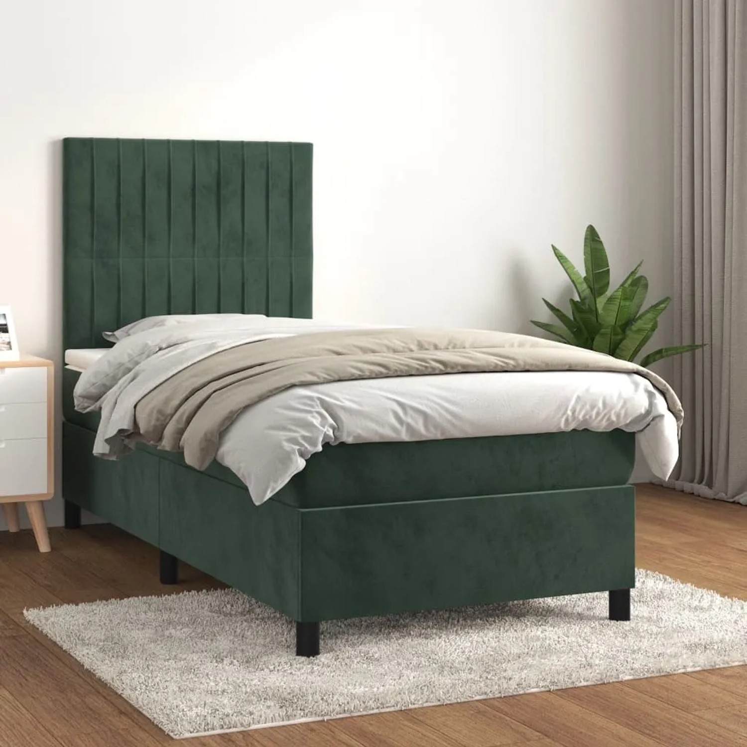 Dunkelgrünes vidaXL Boxspringbett (90x190 cm) mit Samtbezug, Matratze und Kopfteil.