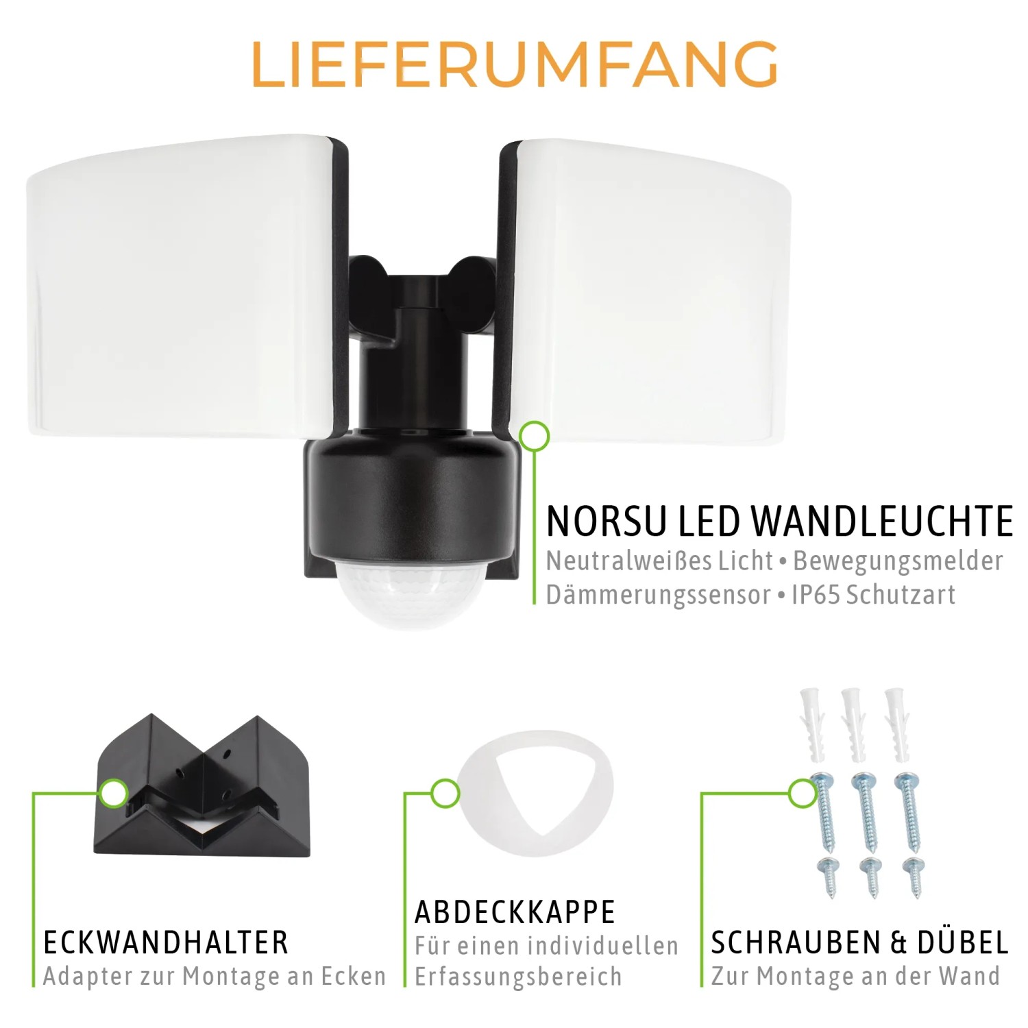 SSC-LUXon NORSU LED Außenstrahler mit Zubehör: Eckhalter, Schrauben, Dübel und Abdeckkappe.