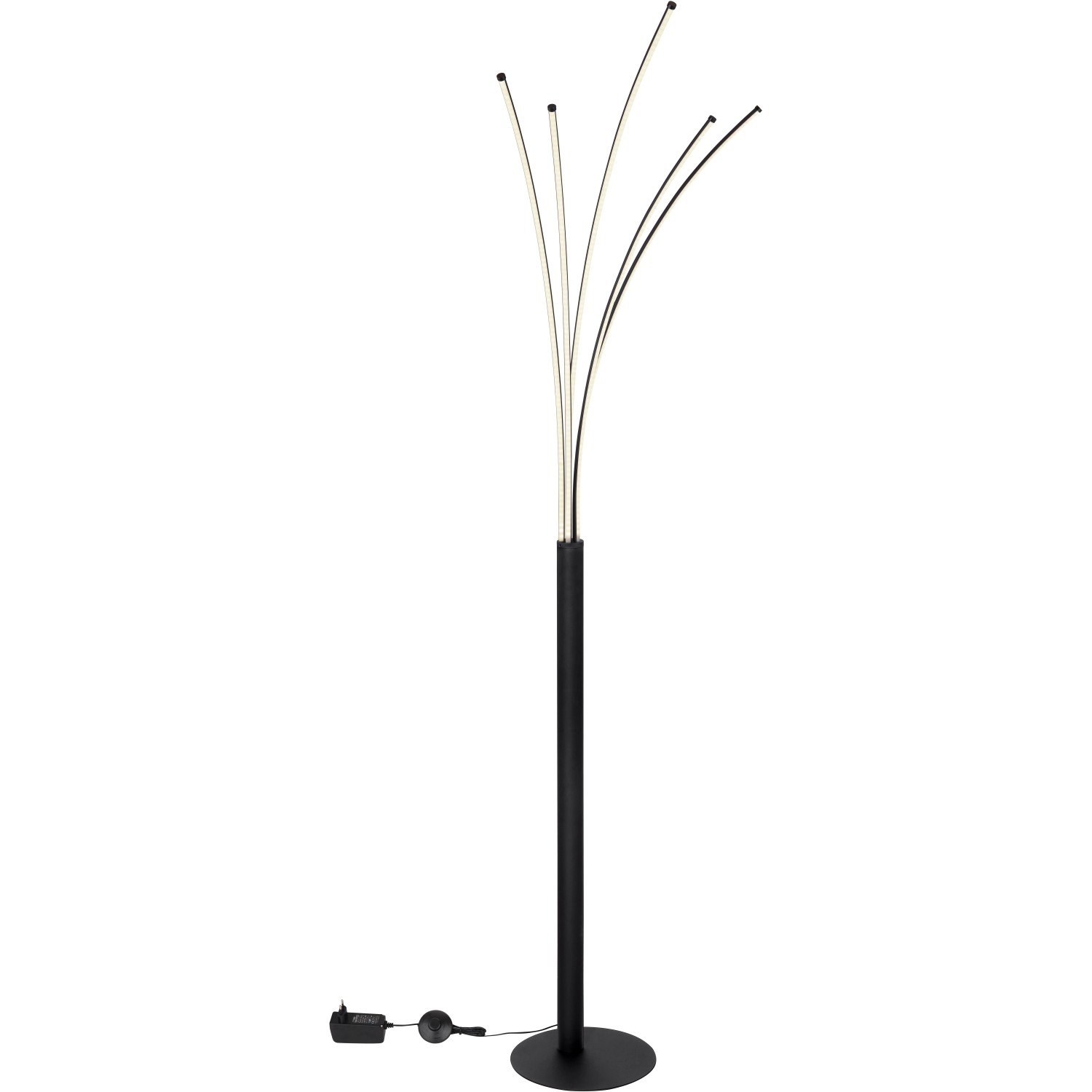 Schwarze, dimmbare LED-Stehlampe Bizzy mit Smart Home Funktion und beweglichen Leuchtelementen.