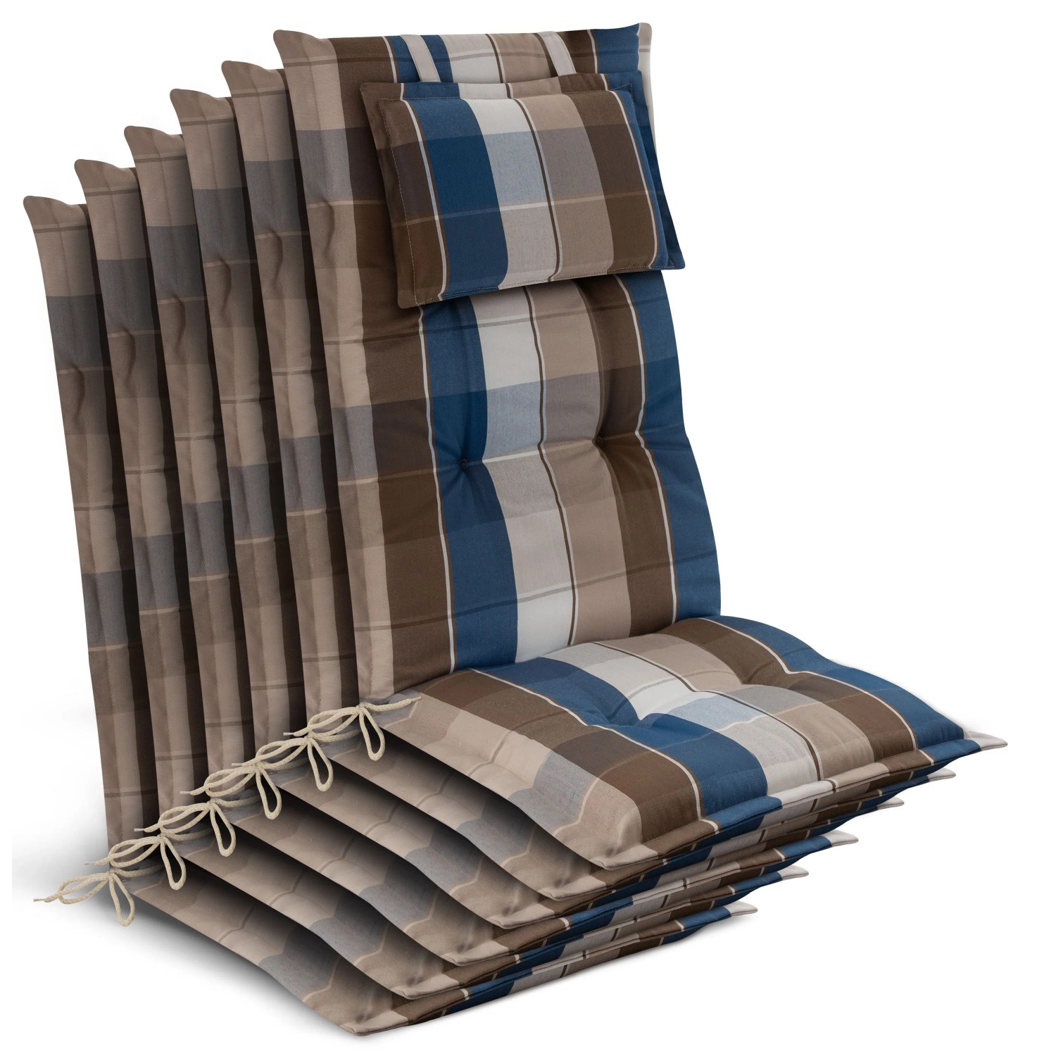 Beautissu 6x Gartenstuhlauflage Hochlehner 120x50x7cm Braun-Blau-Kariert