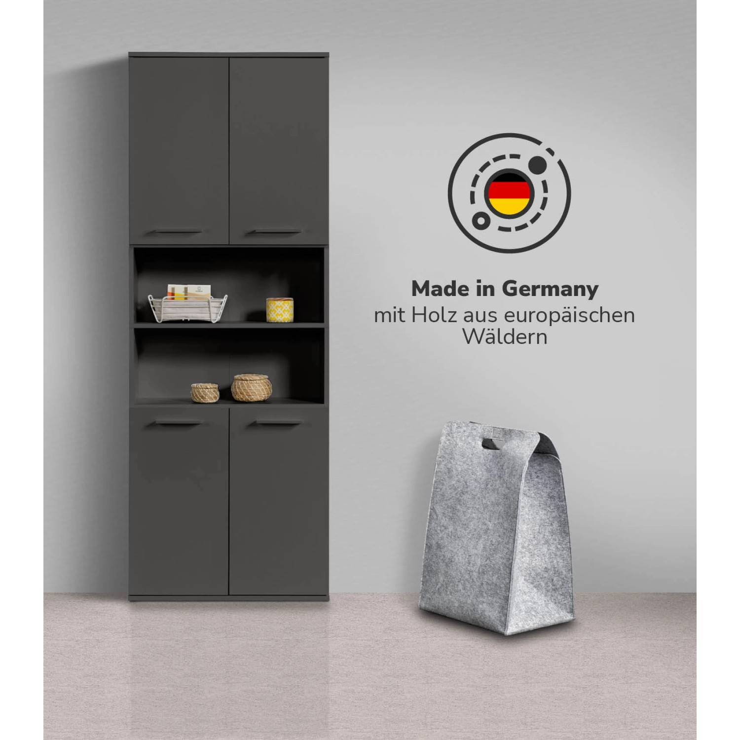 Mokebo Bad Hochschrank „Der Kapitän“ in Anthrazit, 180 cm hoch. Badregal mit offenen und geschlossenen Fächern.