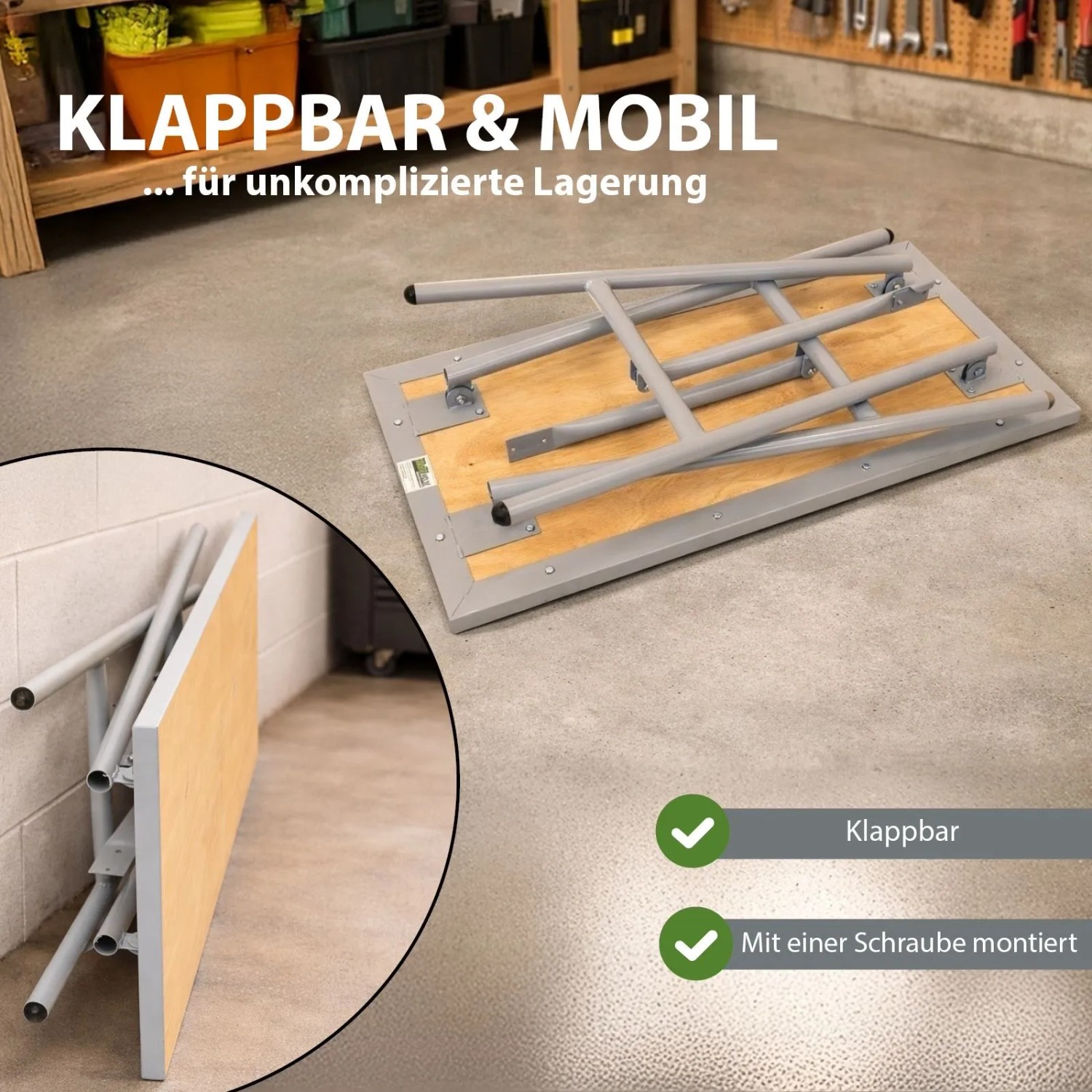 TRUTZHOLM Werkbank aus Stahl und Sperrholz, gefaltet für kompakte Lagerung. Zeigt die Klappfunktion und Mobilität.