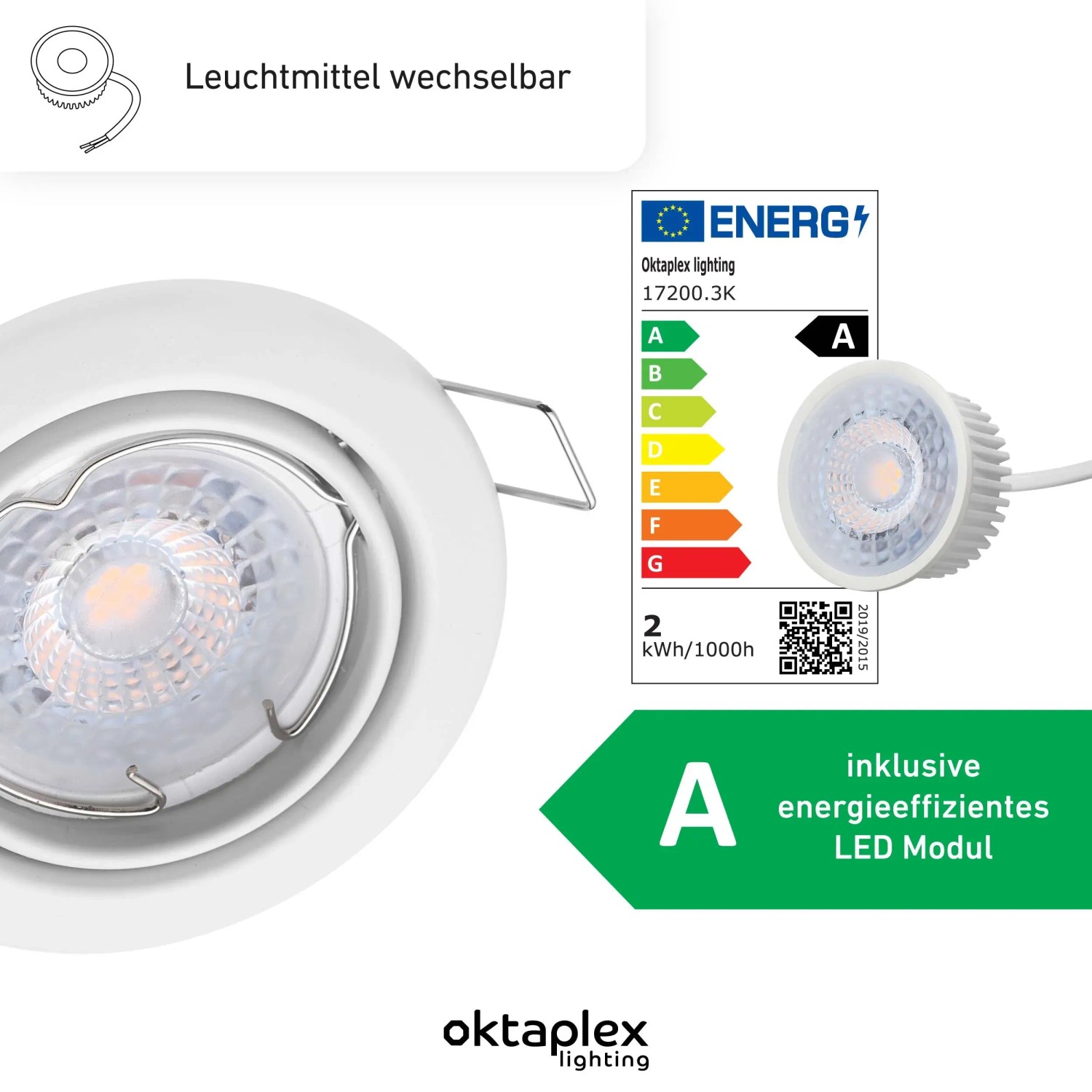 9er Set Oktaplex Dijon Einbauleuchte mit LED Modul, warmweiß, schwenkbar, weiß. Deckenspots für Lampen & Leuchten.