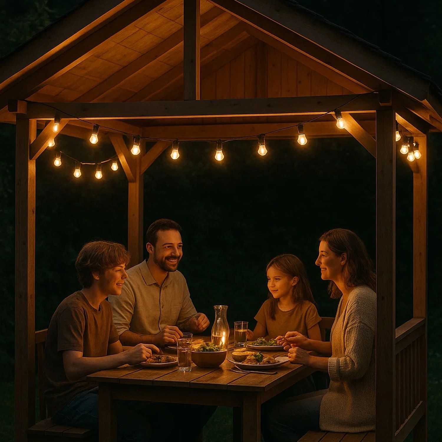 Familie unter leuchtender Satisfire Partylichterkette (5m) mit warmweißen E27 LED Kugellampen im Garten.