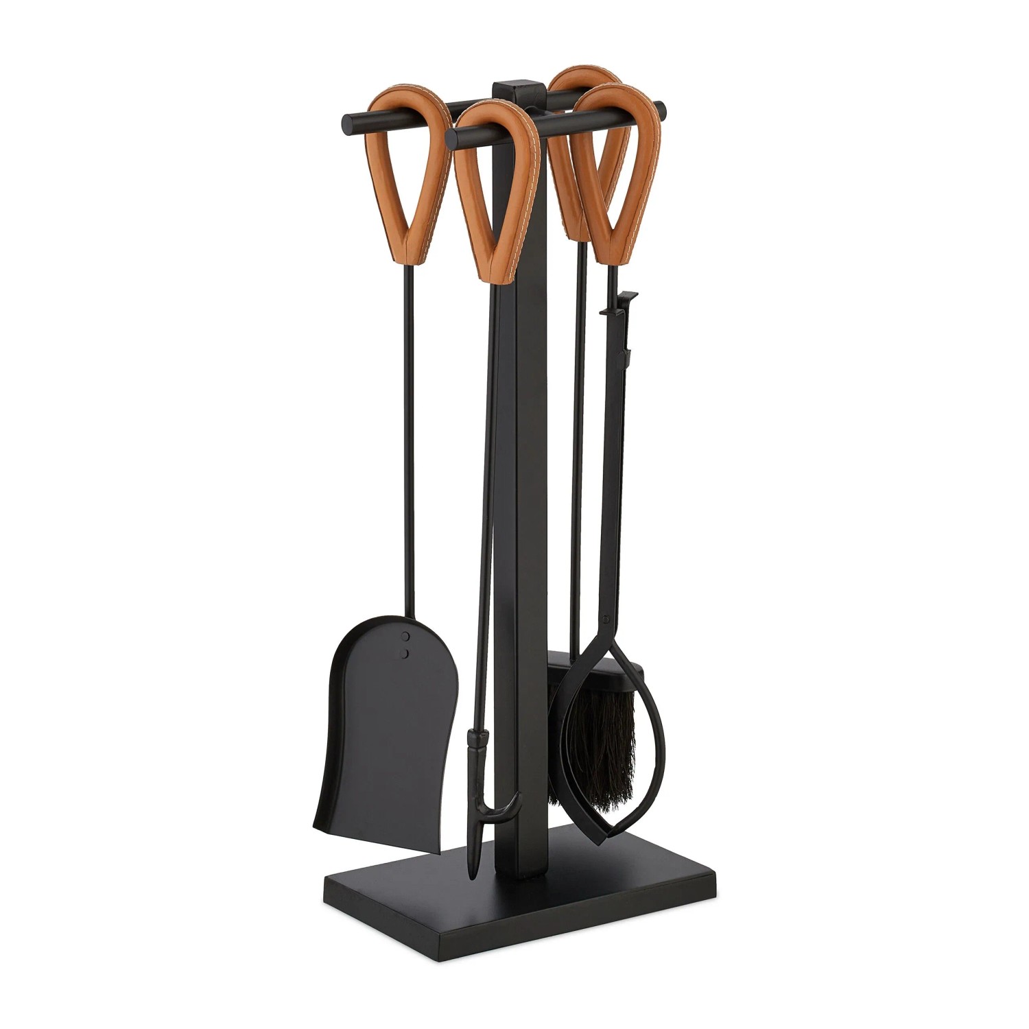 Relaxdays Kaminbesteck 5-teilig aus Metall Schwarz mit Büffelledergriffen 62 cm