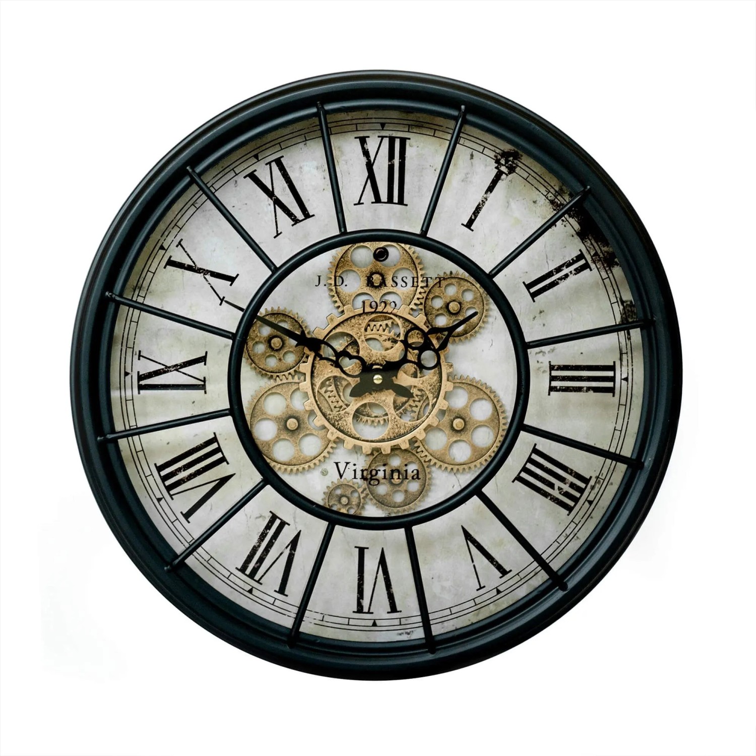 Runde Vintage Wanduhr mit schwarzem Rahmen, goldenen Zahnrädern und römischen Ziffern. Ø 46 cm.