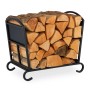 Schwarzer Stahl Kaminholzkorb, gefüllt mit Brennholz. Moderner Holzständer für Kamin & Ofen Zubehör.