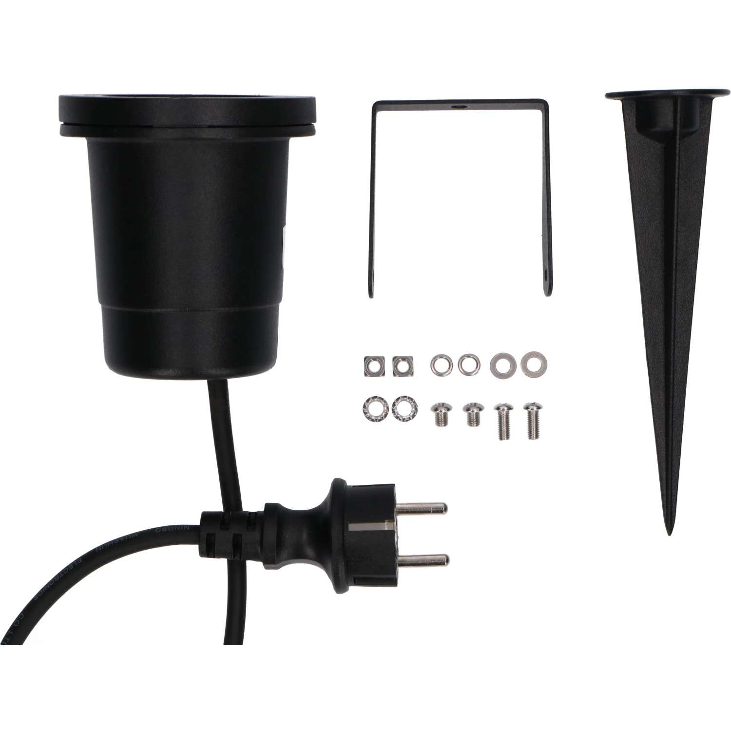 Schwarze LED's Work Außenleuchte mit Erdspieß, Zubehör und Stecker.