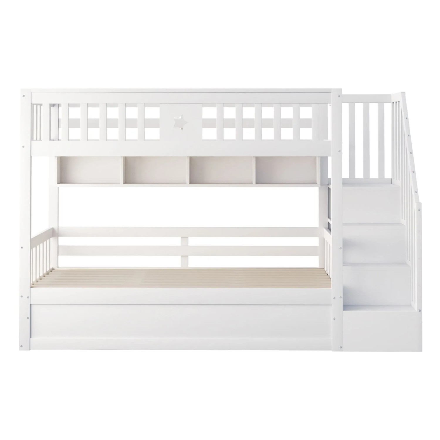 okwish Hochbett 90x200cm mit Stauraumtreppe Regalen Jugendzimmer Weiß ohne Matratze