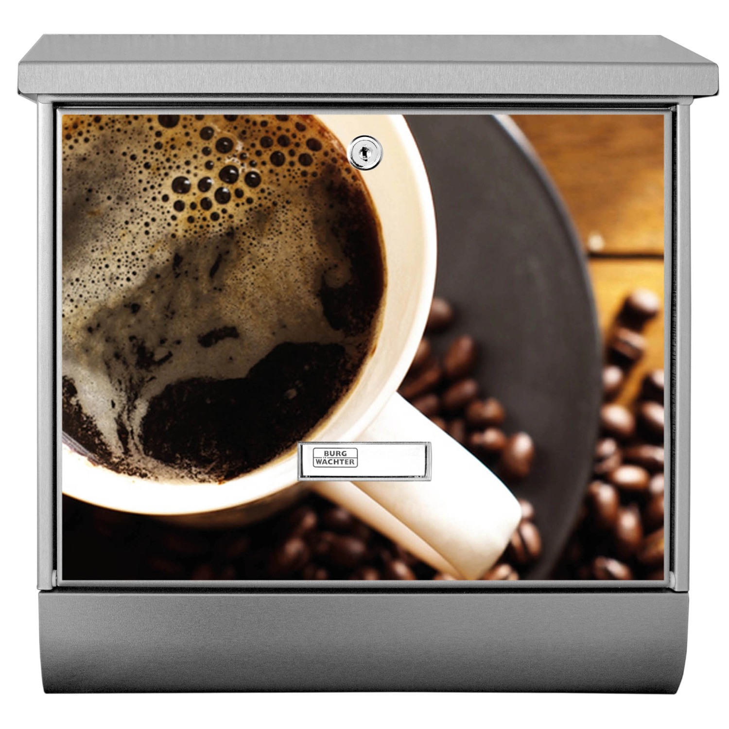 Banjado Edelstahl Briefkasten mit Kaffee Motiv und Zeitungsfach.